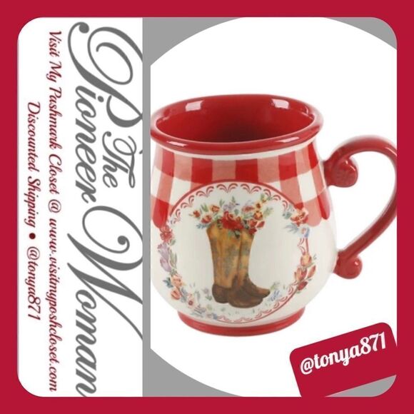 🦋 New The Pioneer Woman Cowboy Boot Red Gingham 16-oz Mug - Picture 1 of 5